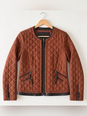 GO BY GO SILK Quilted Rust-Brown Bomber Jacket with Black Trim
